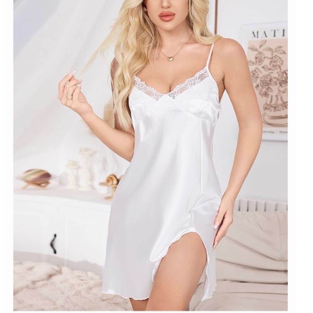 Hocosit Lace Trim Satin Slip Nightgown Dress M White‎ Coquette